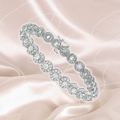 Collage of a lab grown diamond tennis bracelet we recommend on a beige background
